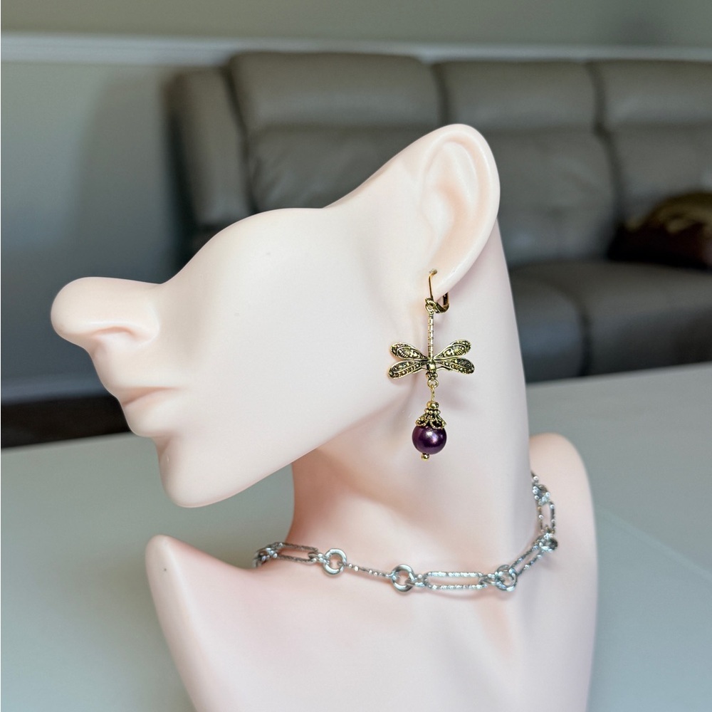 Gold Dragonfly Earrings with Purple Pearls - Picture 3 of 10